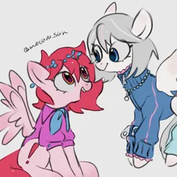 Size: 4096x4096 | Tagged: safe, artist:metaruscarlet, derpibooru import, oc, oc:metaru scarlet, oc:rebecca, unofficial characters only, pegasus, pony, clothes, cutie mark, flower, flower in hair, flying, gray background, image, jewelry, looking at each other, looking at someone, necklace, open mouth, pegasus oc, png, simple background, sitting, socks, spread wings, wings
