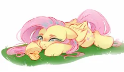 Size: 1495x875 | Tagged: safe, artist:melodylibris, derpibooru import, fluttershy, bird, duck, pegasus, pony, chick, colored sketch, female, grass, image, jpeg, lying down, mare, prone, sketch, solo