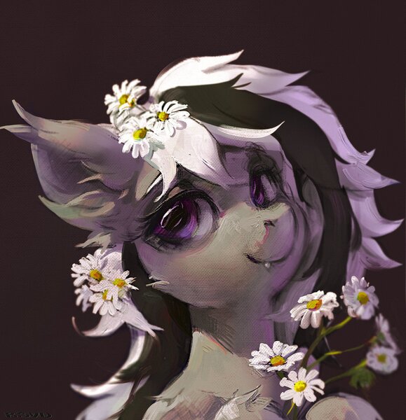 Size: 1929x2000 | Tagged: safe, artist:rvsd, derpibooru import, oc, unofficial characters only, bat pony, pony, bat pony oc, bat wings, bouquet, bust, commission, daisy (flower), ear fluff, ear tufts, fangs, female, flower, flower in hair, image, jpeg, mare, smiling, solo, wings