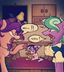 Size: 1700x1900 | Tagged: safe, artist:disaterror, derpibooru import, firelight, spoiled rich, starlight glimmer, earth pony, pony, unicorn, alternate parent, argument, blank flank, clothes, colored hooves, cupboard, curly mane, curved horn, eye clipping through hair, female, filly, filly starlight glimmer, floppy ears, frown, g4, holding, hoof hold, horn, image, indoors, jewelry, jpeg, looking at each other, looking at someone, mare, narrowed eyes, necklace, no catchlights, open frown, open mouth, pigtails, pink coat, plushie, ponytail, profile, purple coat, purple mane, ruffled shirt, rug, sad, shirt, shrunken pupils, speech bubble, table, tail, teal mane, teddy bear, teeth, this will end in divorce, tied mane, tongue out, two toned mane, two toned tail, unicorn horn, unshorn fetlocks, wavy mane, wooden floor, wooden table, yelling, younger