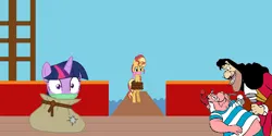 Size: 926x464 | Tagged: safe, artist:alexarmstrong2287, derpibooru import, sunset shimmer, twilight sparkle, captain hook, cloth gag, gag, image, plank, png, sack, smee, standing, tied up