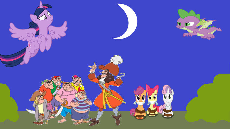 Size: 1600x901 | Tagged: safe, artist:alexarmstrong2287, derpibooru import, apple bloom, scootaloo, spike, sweetie belle, twilight sparkle, twilight sparkle (alicorn), alicorn, dragon, earth pony, pegasus, pony, unicorn, captain hook, cloth gag, cutie mark crusaders, flying, gag, hero, heroine, horn, image, jpeg, pirate, rescue, tied up