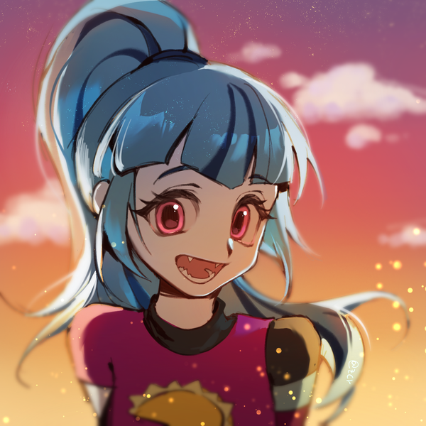 Size: 1200x1200 | Tagged: safe, artist:deadbirdorzcr, derpibooru import, sonata dusk, human, equestria girls, afternoon, bust, clothes, cloud, fangs, g4, image, looking at you, open mouth, outdoors, png, portrait, shirt, smiling, smiling at you, solo