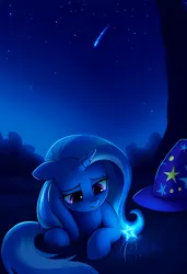 Size: 832x1216 | Tagged: prompter needed, safe, ai content, derpibooru import, machine learning generated, novelai, stable diffusion, trixie, pony, unicorn, clothes, female, frown, g4, glow, hat, horn, image, lidded eyes, looking down, mare, night, night sky, outdoors, png, sad, sky, solo, stars, tree, trixie's hat