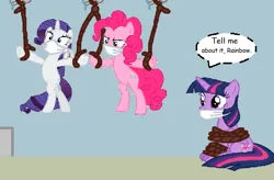 Size: 840x551 | Tagged: safe, artist:alexarmstrong2287, derpibooru import, pinkie pie, rarity, twilight sparkle, twilight sparkle (alicorn), alicorn, earth pony, pony, unicorn, bondage, bound and gagged, cloth gag, gag, hanging, horn, image, muffled words, png, tied up
