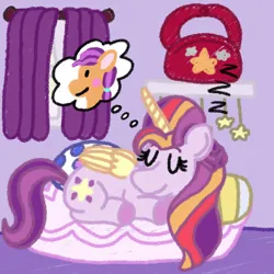 Size: 1200x1200 | Tagged: safe, artist:mintwhistle, derpibooru import, sunny starscout, alicorn, earth pony, pony, g5, alicornified, bag, bed, bedroom, blush sticker, blushing, braid, colored hooves, colored horn, colored wings, curtains, dream, duo, duo female, eyes closed, female, folded wings, horn, image, mare, medibang paint, mother and child, mother and daughter, mother's day, multicolored mane, multicolored tail, onomatopoeia, peaceful, pillow, png, race swap, saddle bag, shelf, sleeping, sound effects, sunny starscout's mother, tail, thought bubble, two toned tail, velvet starscout, window, wings, zzz