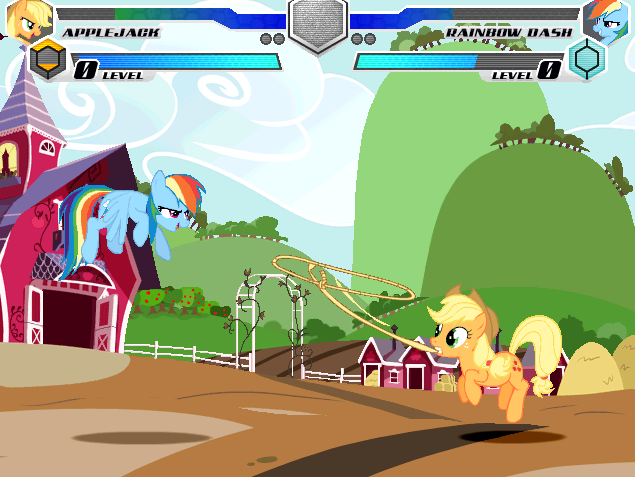 Size: 635x477 | Tagged: safe, ponerpics import, ponybooru import, applejack, rainbow dash, earth pony, pegasus, fighting is magic, fan game, flying, home, image, lasso, png, private version, rope, sweet apple acres