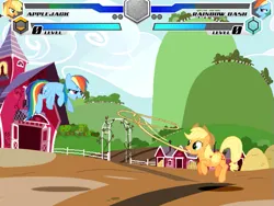 Size: 635x477 | Tagged: safe, ponerpics import, ponybooru import, applejack, rainbow dash, earth pony, pegasus, fighting is magic, fan game, flying, home, image, lasso, png, private version, rope, sweet apple acres