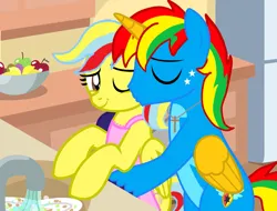 Size: 2079x1578 | Tagged: safe, artist:shieldwingarmorofgod, derpibooru import, oc, oc:shield wing, alicorn, pegasus, female, g4, hug, image, kissing, kitchen, male, mother and child, mother and son, mother's day, png, trace