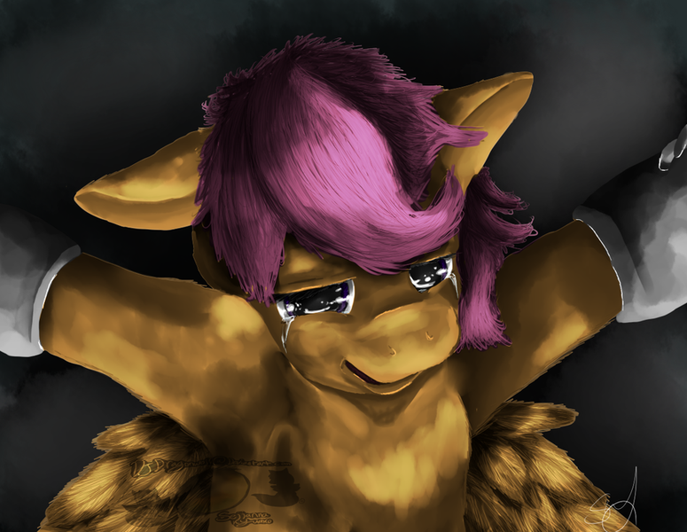 Size: 900x697 | Tagged: safe, artist:seiiannakyuako, derpibooru import, scootaloo, fanfic:rainbow factory, 2012, absentia, bondage, crying, fanfic art, g4, image, lineless, png, solo, unsexy bondage