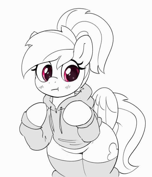 Size: 2227x2590 | Tagged: safe, artist:pabbley, derpibooru import, rainbow dash, pegasus, pony, :t, alternate hairstyle, bipedal, blush lines, blushing, clothes, cute, dashabetes, grayscale, hoodie, image, jpeg, looking away, monochrome, partial color, ponytail, simple background, socks, solo, thigh highs, white background, wide hips