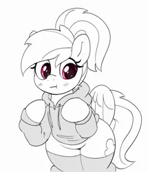 Size: 2227x2590 | Tagged: safe, artist:pabbley, derpibooru import, rainbow dash, pegasus, pony, :t, alternate hairstyle, bipedal, blush lines, blushing, clothes, cute, dashabetes, grayscale, hoodie, image, jpeg, looking away, monochrome, partial color, ponytail, simple background, socks, solo, thigh highs, white background, wide hips