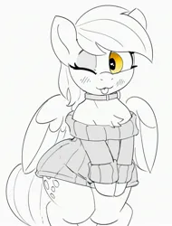 Size: 2144x2822 | Tagged: safe, artist:pabbley, derpibooru import, derpy hooves, pegasus, pony, blush lines, blushing, chest fluff, choker, clothes, cute, derpabetes, female, g4, grayscale, heart, heart eyes, image, jpeg, mare, monochrome, off shoulder, off shoulder sweater, one eye closed, partial color, simple background, solo, sweater, sweater dress, tongue out, white background, wide hips, wingding eyes, wink