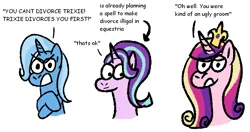 Size: 1227x648 | Tagged: safe, artist:zoeyhorse, derpibooru import, princess cadance, starlight glimmer, trixie, alicorn, pony, unicorn, angry, arrow, bust, crossed hooves, dialogue, divorce, female, furrowed brow, g4, horn, image, lidded eyes, looking away, mare, png, simple background, talking to viewer, text, trio, trio female, white background