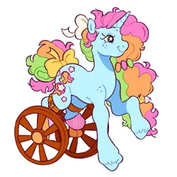 Size: 1998x1996 | Tagged: safe, artist:cocopudu, derpibooru import, oc, oc:sherbet blossom, unofficial characters only, pony, unicorn, g2, bow, female, freckles, g4, g4 to g2, generation leap, hair bow, horn, image, mare, missing leg, multicolored hair, png, prosthetics, raised hoof, shoulder freckles, simple background, smiling, solo, tail, tail bow, unshorn fetlocks, wheel, wheelchair, white background