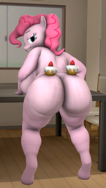 Size: 1080x1920 | Tagged: questionable, artist:ironhawk, pinkie pie, anthro, earth pony, unguligrade anthro, 3d, ass, balloonbutt, bedroom eyes, big breasts, breasts, busty pinkie pie, butt, chair, complete nudity, cupcake, eyebrows, female, food, grin, huge breasts, image, indoors, leaning, looking at you, looking back, looking back at you, missing cutie mark, no tail, nudity, png, presenting, smiling, solo, source filmmaker, table, the ass was fat, thighs, thunder thighs, underboob