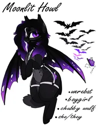 Size: 1500x1900 | Tagged: safe, artist:left4deadd, derpibooru import, oc, oc:moonlit howl, unofficial characters only, bat pony, bat pony oc, bat wings, boygirl, bridle, colored wings, fangs, gradient wings, harness, image, nipples on stomach, nonbinary, pale belly, png, pronouns, purple eyes, reference sheet, slit pupils, tack, torn wings, werebat, wide hips, wings