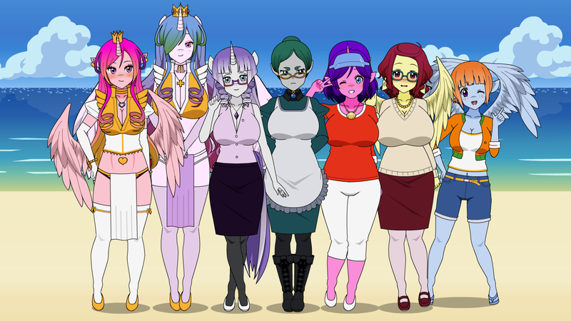 Size: 1366x768 | Tagged: suggestive, artist:shitsandgiggles, derpibooru import, cloudy quartz, cookie crumbles, posey shy, princess cadance, princess celestia, twilight velvet, windy whistles, alicorn, anthro, earth pony, human, pegasus, unicorn, apron, armor, beach, belly button, belly piercing, breasts, busty cloudy quartz, busty cookie crumbles, busty posey shy, busty princess cadance, busty princess celestia, busty twilight velvet, busty windy whistles, clothes, crown, female, g4, glasses, horn, humanized, image, jewelry, kisekae, loincloth, milf, mother's day, piercing, png, regalia, unconvincing armor