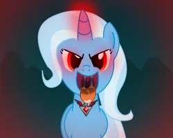 Size: 1152x918 | Tagged: suggestive, artist:optica, trixie, pony, unicorn, alicorn amulet, drool, evil grin, female, frown, grin, image, looking at you, magic, mare, mawshot, offscreen character, open mouth, open smile, oral vore, png, pov, red eyes, smiling, tail, telekinesis, throat, tongue out, uvula, vore