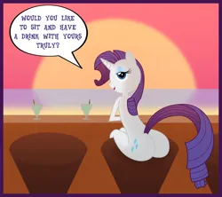 Size: 2000x1778 | Tagged: suggestive, artist:optica, rarity, anthro, unicorn, ass, butt, chair, cocktail, complete nudity, cutie mark, dialogue, female, image, leaning, lidded eyes, looking at you, looking back, looking back at you, looking over shoulder, open smile, png, rearity, sitting, solo, speech bubble, sunset, tail, talking to viewer