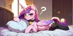 Size: 2400x1200 | Tagged: suggestive, ai content, derpibooru import, machine learning generated, prompter:greesys, princess cadance, alicorn, bed, choker, clothes, image, pet play, png, question mark, socks, solo, stockings, thigh highs