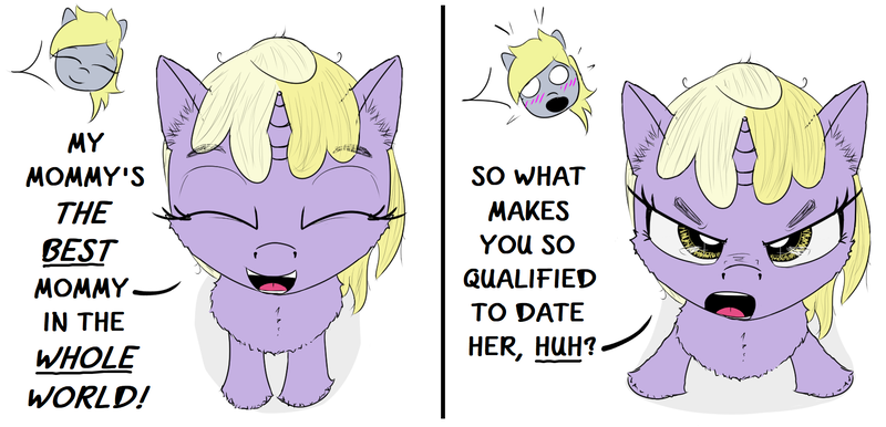 Size: 1698x820 | Tagged: safe, artist:chopsticks, derpibooru import, derpy hooves, dinky hooves, pegasus, pony, unicorn, 2 panel comic, angry, blushing, cheek fluff, chest fluff, closed mouth, comic, cute, daughters gonna daughter, dialogue, dinkabetes, duo, duo female, ear fluff, eyes closed, female, filly, foal, horn, image, looking at you, looking up, looking up at you, madorable, mare, mother and child, mother and daughter, offscreen character, open mouth, png, pouting, shocked, simple background, smiling, stray strand, talking to viewer, text, unshorn fetlocks, white background