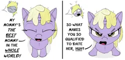 Size: 1698x820 | Tagged: safe, artist:chopsticks, derpibooru import, derpy hooves, dinky hooves, pegasus, pony, unicorn, 2 panel comic, angry, blushing, cheek fluff, chest fluff, closed mouth, comic, cute, daughters gonna daughter, dialogue, dinkabetes, duo, duo female, ear fluff, eyes closed, female, filly, foal, horn, image, looking at you, looking up, looking up at you, madorable, mare, mother and child, mother and daughter, offscreen character, open mouth, png, pouting, shocked, simple background, smiling, stray strand, talking to viewer, text, unshorn fetlocks, white background