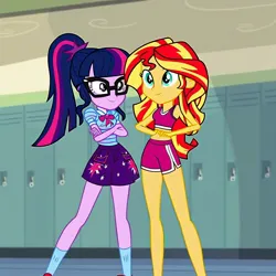 Size: 1024x1024 | Tagged: prompter needed, safe, ai content, derpibooru import, machine learning assisted, machine learning generated, sci-twi, sunset shimmer, twilight sparkle, human, equestria girls, clothes, duo, duo female, female, g4, image, jpeg, lockers