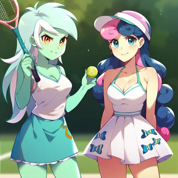 Size: 1024x1024 | Tagged: prompter needed, suggestive, ai content, derpibooru import, machine learning assisted, machine learning generated, bon bon, lyra heartstrings, sweetie drops, human, equestria girls, ball, breasts, busty bon bon, busty lyra heartstrings, cleavage, clothes, determined look, g4, hands behind back, image, jpeg, looking at you, skirt, sports, tennis, tennis ball, tennis racket, visor cap