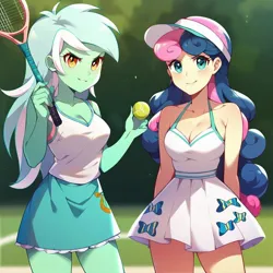 Size: 1024x1024 | Tagged: prompter needed, suggestive, ai content, derpibooru import, machine learning assisted, machine learning generated, bon bon, lyra heartstrings, sweetie drops, human, equestria girls, ball, breasts, busty bon bon, busty lyra heartstrings, g4, image, jpeg, sports, tennis, tennis ball, tennis racket