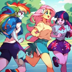 Size: 1024x1024 | Tagged: prompter needed, suggestive, ai content, derpibooru import, machine learning assisted, machine learning generated, fluttershy, rainbow dash, twilight sparkle, human, equestria girls, female, g4, image, jpeg, running, trio, trio female