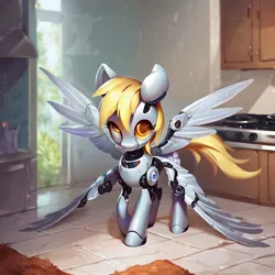 Size: 1024x1024 | Tagged: safe, ai content, anonymous prompter, derpibooru import, machine learning generated, stable diffusion, derpy hooves, pony, robot, robot pony, four wings, generator:pony diffusion v6 xl, image, jpeg, kitchen, multiple wings, roboticization, wings