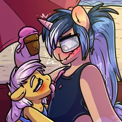 Size: 2000x2000 | Tagged: suggestive, artist:sexygoatgod, derpibooru import, sunny daze, oc, oc:depraved daydream, earth pony, pony, unicorn, age difference, beach, bikini, blood, blushing, canon x oc, clothes, female, filly, foal, food, horn, ice cream, image, implied foalcon, implied shipping, implied underage, licking, mare, nosebleed, one-piece swimsuit, png, swimsuit, tongue out