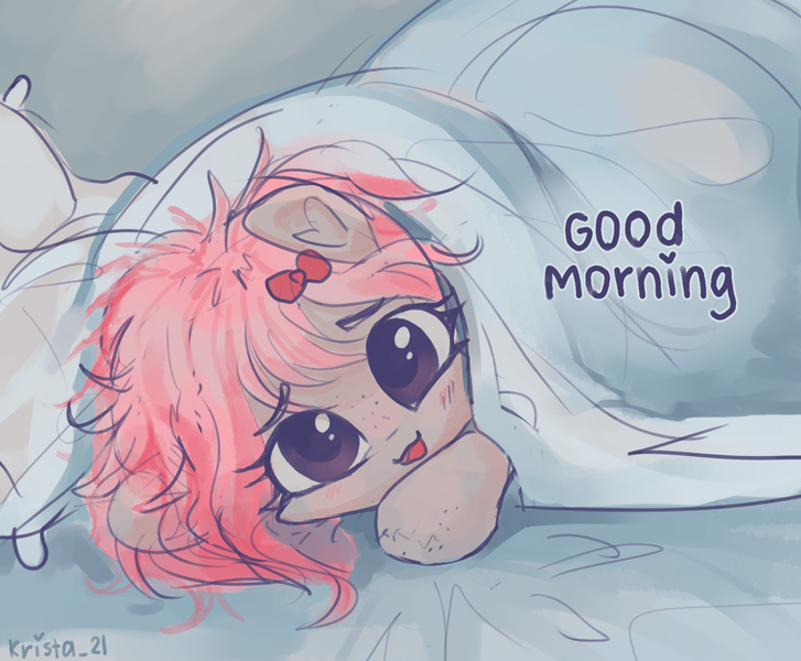 Size: 2100x1733 | Tagged: safe, artist:krista-21, derpibooru import, oc, oc:krista pebble, earth pony, pony, bed hair, bed mane, bedroom eyes, blushing, bow, cute, female, freckles, hiding, image, lying down, messy mane, morning ponies, open mouth, open smile, pillow, png, simple background, smiling, solo, squishy cheeks