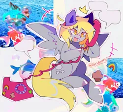 Size: 1506x1377 | Tagged: safe, artist:emoboy130, derpibooru import, derpy hooves, fish, goldfish, pegasus, pony, :3, abstract background, bandaid, blonde mane, blonde tail, bubble, colored pinnae, derp, ear fluff, emanata, eye clipping through hair, eyelashes, female, fins, fish tail, g4, gray coat, hoof hold, image, jpeg, long mane, long tail, mare, ocean, open mouth, open smile, phone, rotary phone, scales, shiny mane, shiny tail, shrunken pupils, signature, sitting, smiling, solo, speech bubble, spread wings, swimming, tail, talking, underwater, water, wingding eyes, wings, yellow eyes
