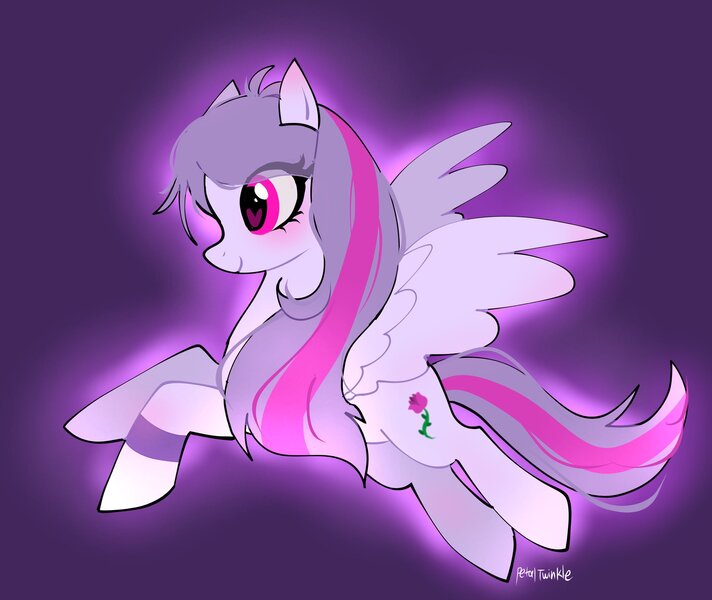 Size: 2048x1726 | Tagged: safe, artist:petaltwinkle, derpibooru import, part of a set, oc, oc:violet flake, unofficial characters only, pegasus, pony, blushing, coat markings, ear blush, eyelashes, female, flying, glow, heart, heart eyes, image, jpeg, long mane, long tail, mare, outline, pegasus oc, pink eyes, profile, purple background, purple coat, raffle prize, raffle winner, shiny eyes, signature, simple background, smiling, solo, spread wings, stripe, tail, two toned mane, two toned tail, wingding eyes, wings