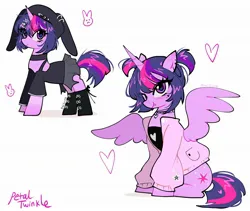 Size: 2048x1726 | Tagged: safe, artist:petaltwinkle, derpibooru import, twilight sparkle, twilight sparkle (alicorn), alicorn, pony, unicorn, alternate clothes, alternate hairstyle, blushing, bobcut, choker, clothes, cross, cute, duality, e-girl, ear blush, ear piercing, earring, eye clipping through hair, eyelashes, fangs, female, floating heart, g4, hairclip, hat, heart, heart choker, heart mark, hoodie, hoof boots, hooped earrings, horn, image, inverted cross, jewelry, jpeg, looking at you, makeup, mare, multicolored mane, multicolored tail, one eye closed, piercing, pigtails, purple coat, purple eyes, rabbit hat, shadow, shiny eyes, shiny mane, shiny tail, shirt, short hair, short mane twilight sparkle, signature, simple background, sitting, skirt, smiling, smiling at you, spread wings, standing, tail, tanktop, tied mane, twiabetes, unicorn horn, unicorn twilight, white background, wingding eyes, wings, wink