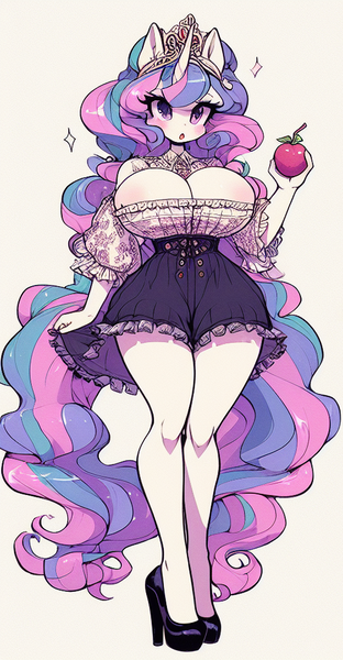 Size: 532x1024 | Tagged: questionable, ai content, derpibooru import, machine learning generated, princess celestia, alicorn, adorasexy, apple, big breasts, breasts, busty princess celestia, cleavage, clothes, curvy, cute, dress, elegant, female, food, g4, high heels, holding, hourglass figure, huge breasts, image, nipples, nudity, open mouth, png, prompter:horselover fat, sexy, shoes, simple background, solo, sparkles, standing, white background