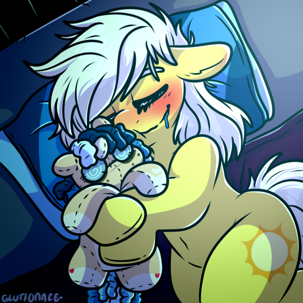 Size: 2000x2000 | Tagged: safe, artist:sexygoatgod, derpibooru import, sunny daze, oc, oc:depraved daydream, earth pony, original species, plush pony, pony, unicorn, bed, canon x oc, drool, female, filly, foal, horn, image, implied foalcon, implied shipping, implied underage, plushie, png, sleeping