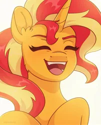 Size: 1655x2048 | Tagged: safe, artist:skysorbett, derpibooru import, sunset shimmer, pony, unicorn, bust, eyebrows, eyes closed, g4, horn, image, jpeg, laughing, open mouth, portrait, solo, teeth