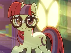 Size: 800x600 | Tagged: safe, artist:rangelost, derpibooru import, moondancer, unicorn, cyoa:d20 pony, cyoa, first person view, glasses, horn, image, looking at you, offscreen character, png, pov, solo, story included, sunlight, window