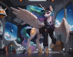 Size: 1144x896 | Tagged: safe, ai content, anonymous prompter, derpibooru import, machine learning generated, stable diffusion, princess celestia, alicorn, pony, clothes, g4, generator:pony diffusion v6 xl, image, png, space, spaceship, spread wings, suit, wings
