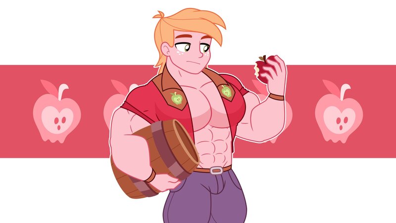 Size: 2000x1125 | Tagged: safe, artist:orin331, derpibooru import, big macintosh, equestria girls, abs, alternate body style, alternate color palette, apple, barrel, belt, biceps, closed mouth, clothes, crotch bulge, cutie mark, cutie mark background, cutie mark on clothes, food, freckles, g4, image, jpeg, looking at something, male, muscles, muscular male, open clothes, open shirt, pants, pecs, pockets, solo, tight clothing, wristband