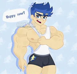 Size: 1500x1434 | Tagged: suggestive, artist:orin331, derpibooru import, flash sentry, equestria girls, alternate body style, biceps, blushing, boxers, butt, clothes, crotch bulge, cutie mark, cutie mark background, cutie mark on clothes, embarrassed, eyebrows, film grain, g4, grainy, image, jpeg, looking at you, male, muscles, muscular male, nipple slip, nipples, nudity, open mouth, outline, pecs, shadow, signature, solo, solo male, speech bubble, tanktop, teeth, underwear, wardrobe malfunction, watermark, white outline