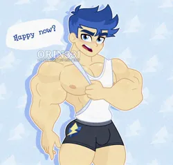 Size: 1500x1434 | Tagged: suggestive, artist:orin331, derpibooru import, flash sentry, equestria girls, g4, alternate body style, biceps, blushing, boxers, butt, clothes, crotch bulge, cutie mark, cutie mark background, cutie mark on clothes, embarrassed, eyebrows, film grain, grainy, image, jpeg, looking at you, male, muscles, muscular male, nipple slip, nipples, obtrusive watermark, open mouth, outline, overdeveloped muscles, pecs, shadow, signature, solo, solo male, speech bubble, tanktop, teeth, thighs, thunder thighs, underwear, wardrobe malfunction, watermark, white outline