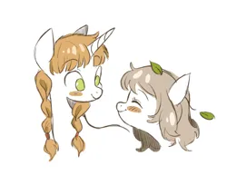Size: 2076x1600 | Tagged: safe, artist:sketchy-pones, derpibooru import, ponified, pony, unicorn, blush sticker, blushing, bust, dungeon meshi, eyes closed, falin touden, female, horn, image, leaves, looking at each other, looking at someone, marcille donato, mare, png, simple background, smiling, smiling at each other, white background