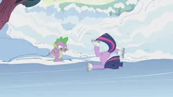 Size: 1920x1080 | Tagged: safe, derpibooru import, screencap, spike, twilight sparkle, dragon, pony, unicorn, season 1, winter wrap up, anatomically incorrect, baby, baby dragon, duo, faceplant, female, g4, horn, ice, ice skates, ice skating, image, incorrect leg anatomy, majestic as fuck, male, mare, png, skates, snow, unicorn twilight