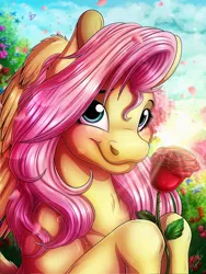 Size: 3000x4000 | Tagged: safe, artist:lupiarts, derpibooru import, fluttershy, butterfly, insect, pegasus, pony, bust, cherry blossoms, cute, female, flower, flower blossom, garden, high res, image, jpeg, portrait, rose, solo, solo female