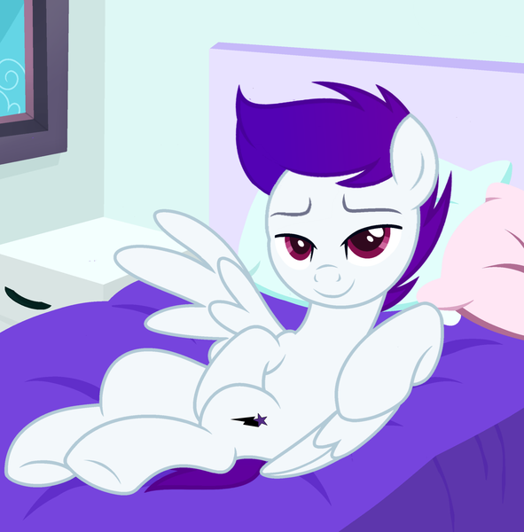 Size: 3548x3600 | Tagged: safe, artist:ramixe dash, derpibooru import, oc, oc:ramixe dash, unofficial characters only, pegasus, pony, g5, base used, bed, bedroom, g4, g5 to g4, generation leap, gradient mane, image, looking at you, male, pillow, png, purple mane, smiling, smiling at you, solo, stallion
