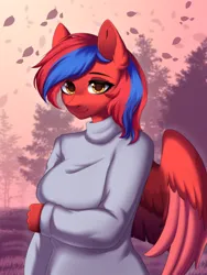 Size: 1716x2286 | Tagged: safe, artist:alunedoodle, derpibooru import, oc, oc:ivory flare, unofficial characters only, anthro, pegasus, pony, bust, clothes, colored wings, female, folded wings, image, png, portrait, solo, sweater, two toned mane, two toned wings, wings